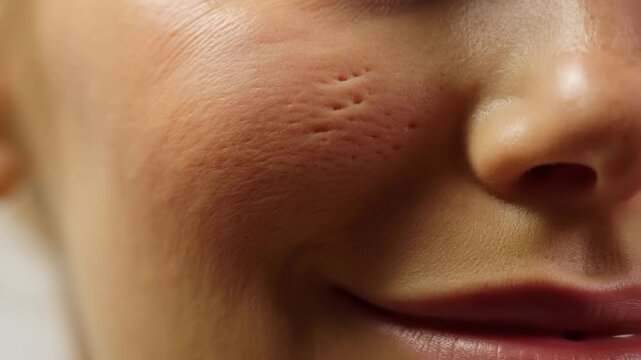 Extreme close up of a womans face with acne scars.