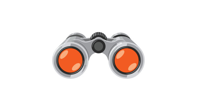 A front-facing view of metallic silver binoculars features large vibrant orange lenses and a black central focus wheel against a stark white background.