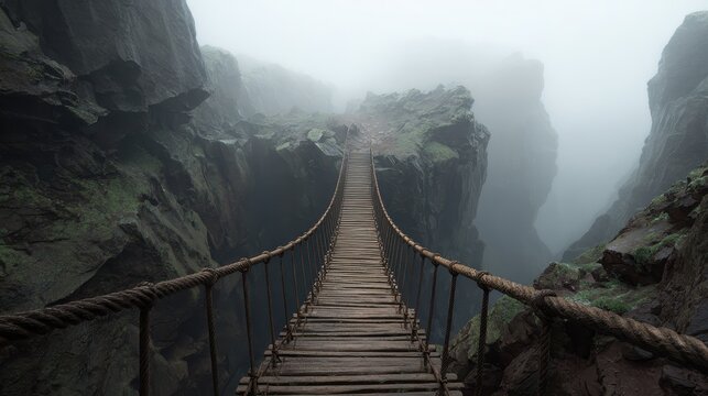 Stunning photo of wooden rope bridge connecting two rocky cliffs over a deep, foggy chasm.