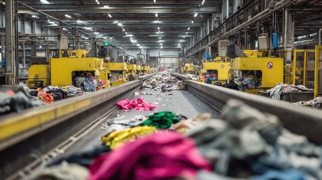 Stunning photo of workers sort textile waste on a conveyor belt in a factory. Automated machinery separates clothes for recycling. Sustainable industry supports circular economy.