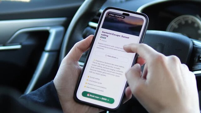 Browsing Luxury Travel Deals on Mobile App. User plans a dream vacation to Bali and Santorini using a travel app while in a car. High-quality UI or UX footage for tourism marketing, nomadic lifestyle
