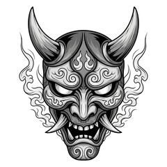 Fototapeta premium Japanese Hannya Mask Vector Illustration with Horns and Fangs for Tattoo Design and Apparel Branding