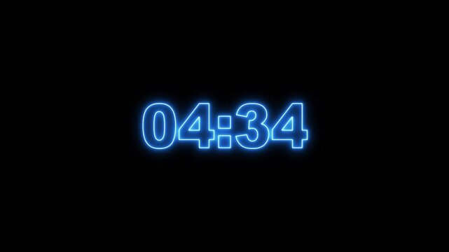 Abstract glowing neon 5 minute countdown animation from 300 seconds to 0 seconds on a black background.Neon five minute countdown timer.