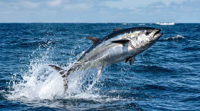 Yellowfin tuna fish leaping from blue ocean water