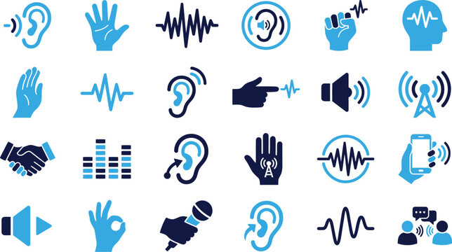 Sound and hearing related icons including ears, waves, and technology.
