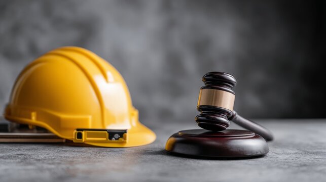 Legal ideas about building and land. A judge's gavel and a hard hat with spirit levels sit on a gray table.