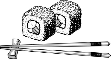 Hand Drawn Sushi Rolls with Chopsticks White Background Line maki food © Md_Rakib
