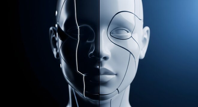 Half human, half robot face representing artificial intelligence.
