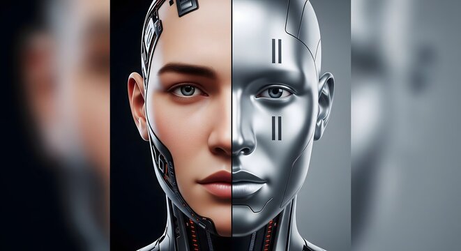 Split screen portrait of a human and a robotic face, futuristic concept.