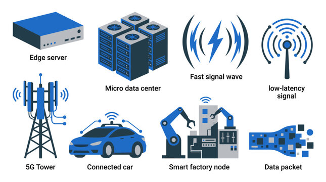 Modern technology concepts including 5G tower, connected car, smart factory, edge server, micro data center, and fast signal transmission for digital innovation
