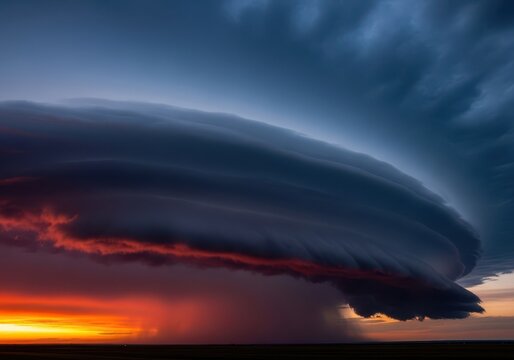 Powerful shelf cloud structure signaling an approaching severe storm system. Dark and turbulent atmosphere during dramatic twilight weather, downpour, environment, sunset