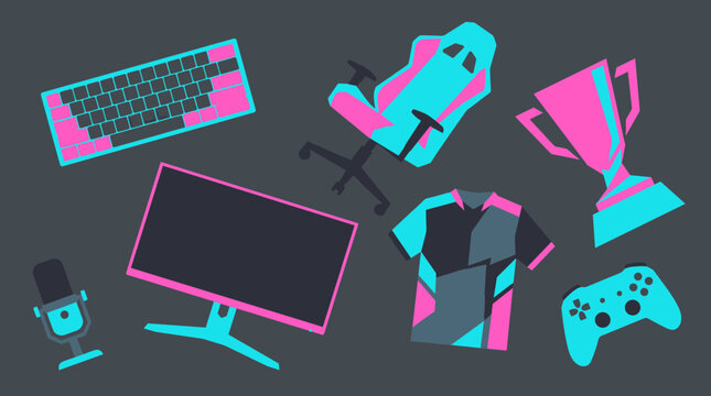 Gaming setup elements including a monitor keyboard microphone chair and controller in vibrant pink and teal colors on a dark background