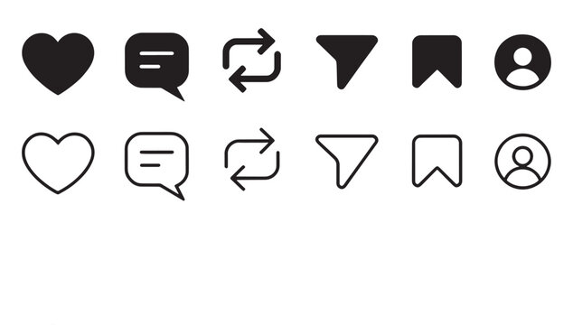 Set of Twelve Social Media Interface Vector Icons in Solid and Outline Styles