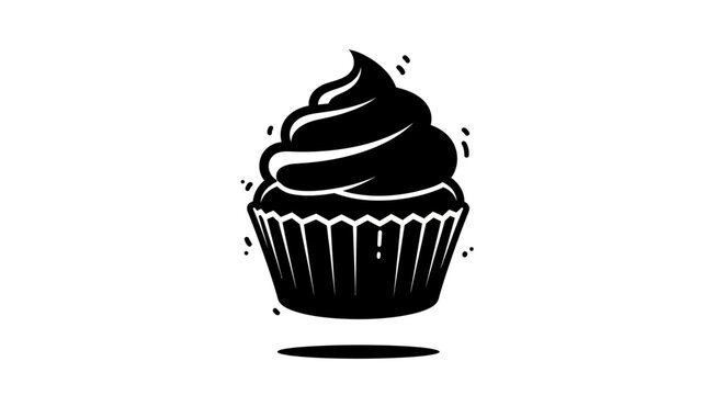 Stylized black and white vector of a frosted cupcake with a cherry on top, isolated on white background.