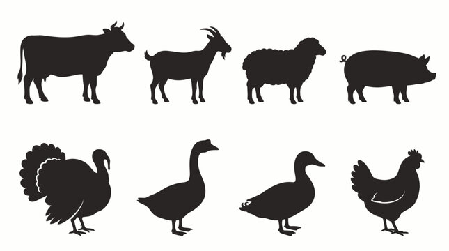 Farm Animal Silhouettes - Complete Collection of Cow, Goat, Sheep, Pig, Turkey, Duck, and Chicken