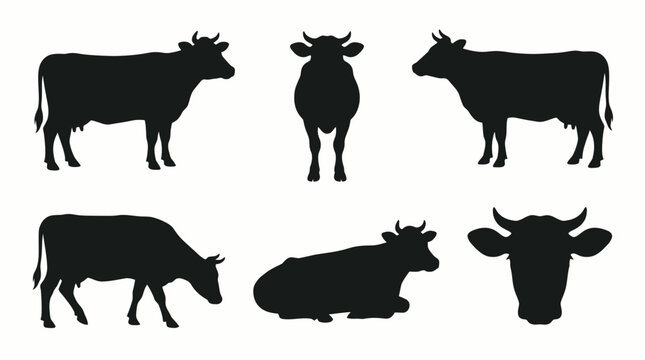 Set of cow silhouettes in various poses: standing, front view, grazing, lying down, and head close-up. Black and white vector design perfect for agriculture, farming, dairy and meat industry, and prom