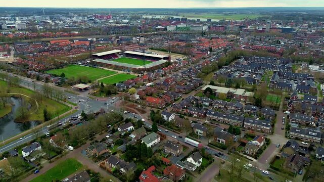 Drone view over Deventer with football stadium and urban landscape