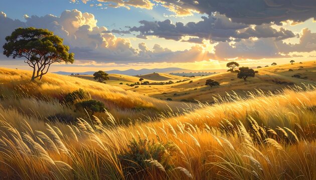 Golden grass landscape at sunset