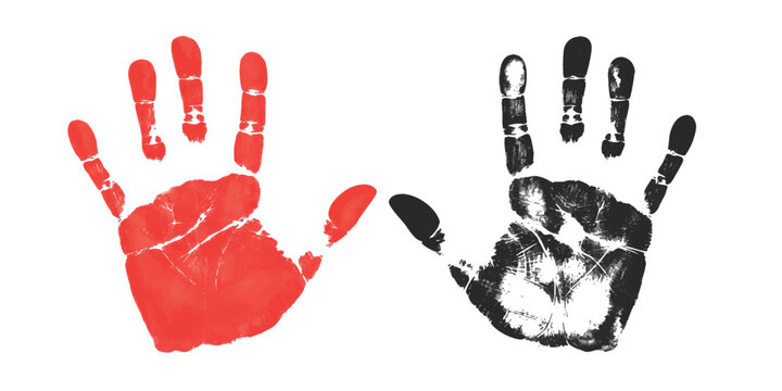 A striking red handprint placed next to a textured black handprint illustrates human presence and contrast on a pristine white background.
