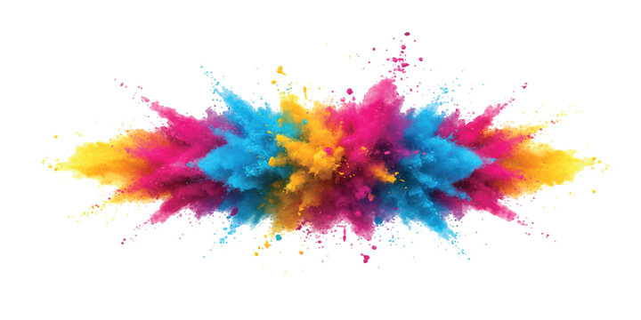 Colorful powder explosion with vibrant magenta blue and yellow clouds isolated on white background.