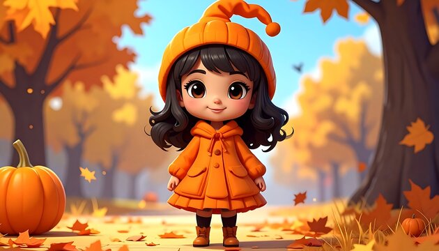 Cute chibi girl in autumn colors wearing orange hat and coat