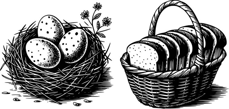 Vintage black and white of eggs in nest and sliced bread in basket