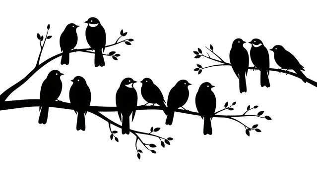 Black crows perched on bare branches isolated on a transparent background