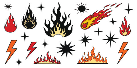 Retro tattoo style set of fire flames lightning bolts and stars illustration © GraphixEra