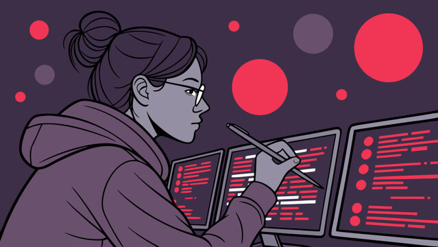 A female programmer working on multiple computer screens with code and data visualization in a modern workspace