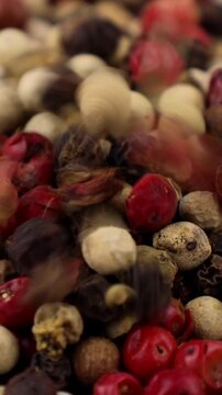 Black, pink, green and white peppercorns, pepper mix falling down close up, vertical video