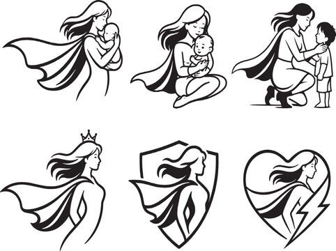 Super mom silhouette icons set with mother holding baby and child superhero concept