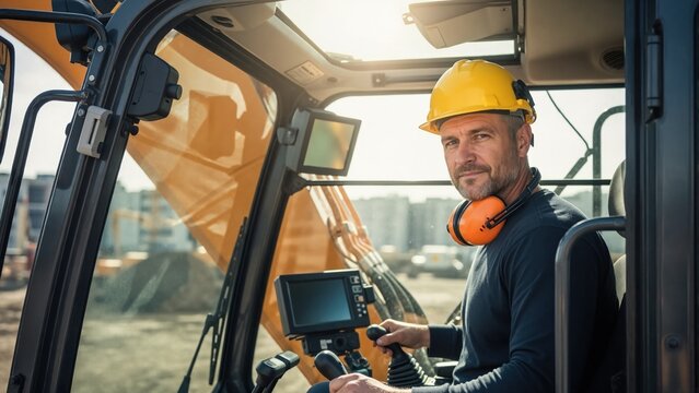 Professional construction worker operating excavator from cab. Male operator in yellow hard hat controlling heavy machinery at building site