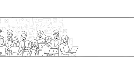 Obraz premium Diverse group of young professionals using laptops and tablets in a modern workspace sketch illustration.