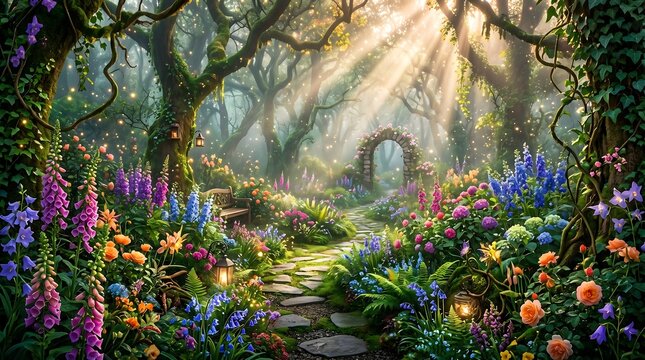 Enchanted forest entrance with stone archway and flowers enchanted sunlight architecture structure botanical colorful ethereal mystical