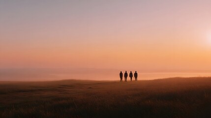 Fototapeta premium Three figures stand silhouetted across a vast grassy field bathed in the warm luminous glow of dawn or dusk