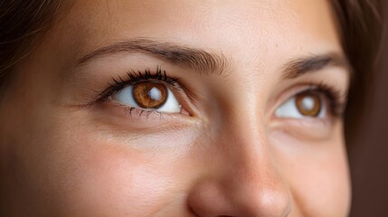 Fototapeta premium Intense close up portrait capturing the deep brown eyes and thoughtful upward gaze of a contemplative person