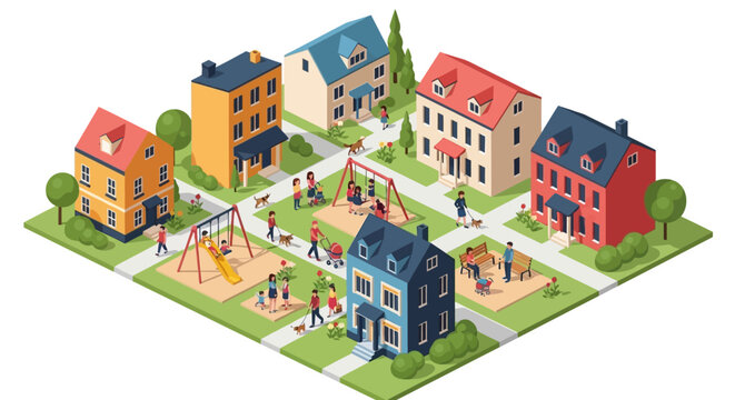 Isometric illustration showing various houses and characters enjoying outdoor activities in a neighborhood, rendered in a flat vector style with clean lines and vibrant colors, set