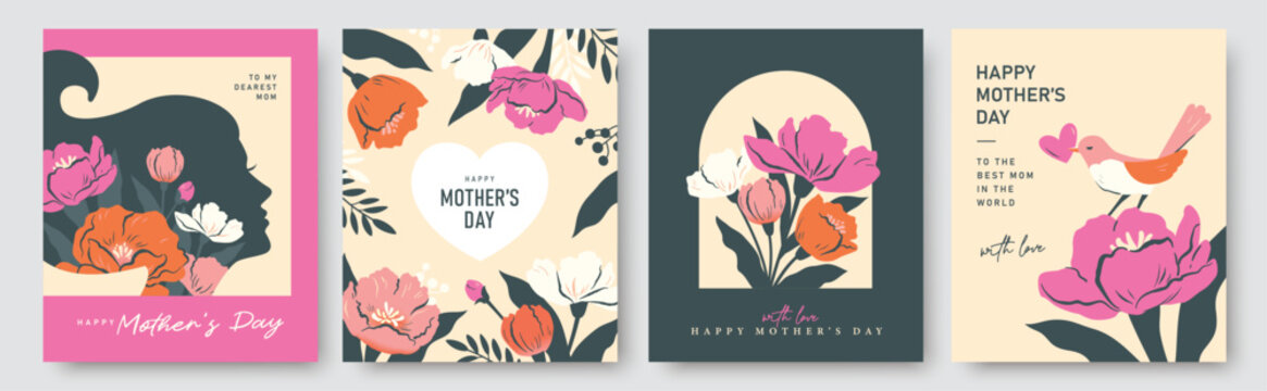 Set of Mother's Day greeting card, poster, cover, vector illustration with beautiful blossom flowers.