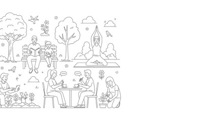 Obraz premium Outline illustration of diverse people enjoying various outdoor leisure activities in a park setting.
