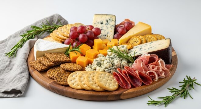A beautifully arranged wooden serving platter showcasing various gourmet cheeses, crackers, grapes, and sliced cured meats, perfect for entertaining, kitchenware, appetizer, slab