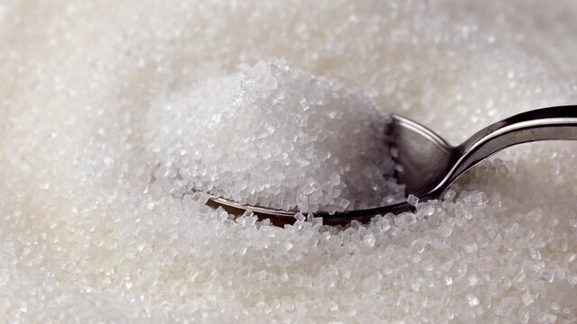 White sugar grains taking with spoon close up