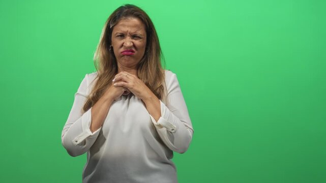 Woman clutching chest with interlaced fingers and grimacing, hands near throat in studio; disgust unease.