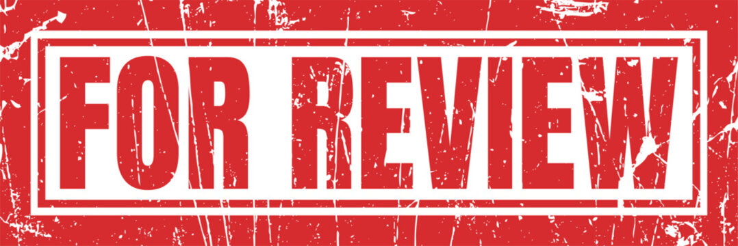 Aged red rubber stamp icon with text for review inside double line rectangular frame box.