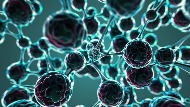 Translucent Filaments Connecting Glowing Spheres In Space. Laboratory Scene Illustrating Scientific Visualization Of Molecular Structures With Glowing Interconnections And Ambient Lighting