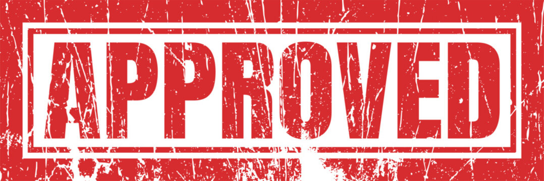 Approved stamp on a scratched red background.