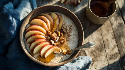 Fototapeta premium Bowl of oatmeal with sliced apples and nuts on a wooden table