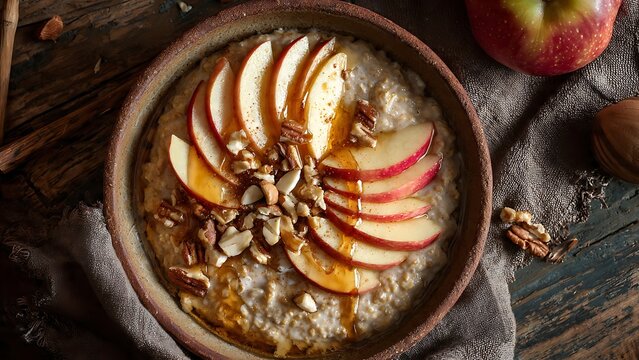 bowl of oatmeal topped with sliced apples nuts and caramel sauce