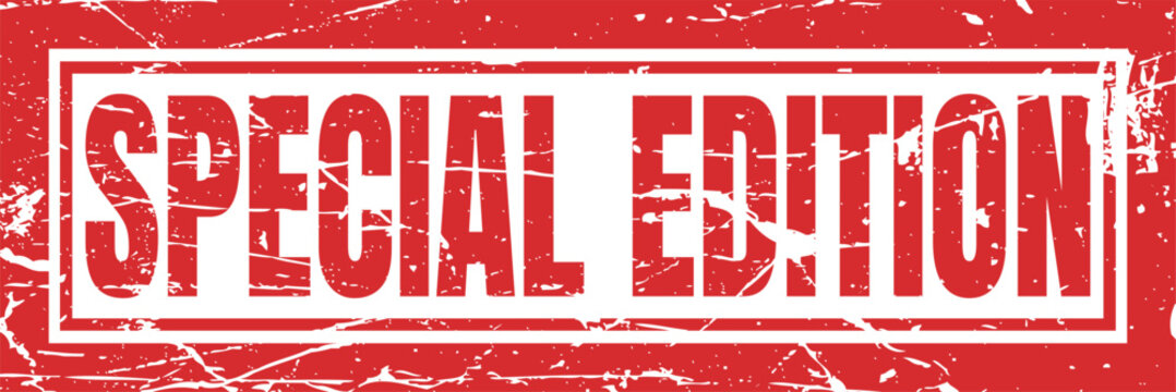 Special edition text in red and white grunge rectangle stamp over scratched red background.