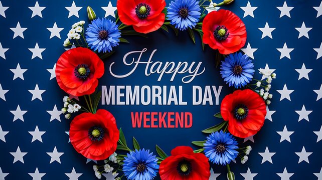 Happy memorial day weekend floral wreath with patriotic stars background celebration