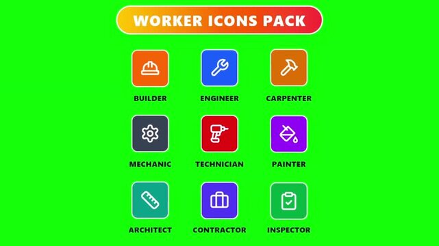 Worker icons pack with 9 professional job symbols, construction and engineering industry graphics, colorful labor occupation buttons on green screen